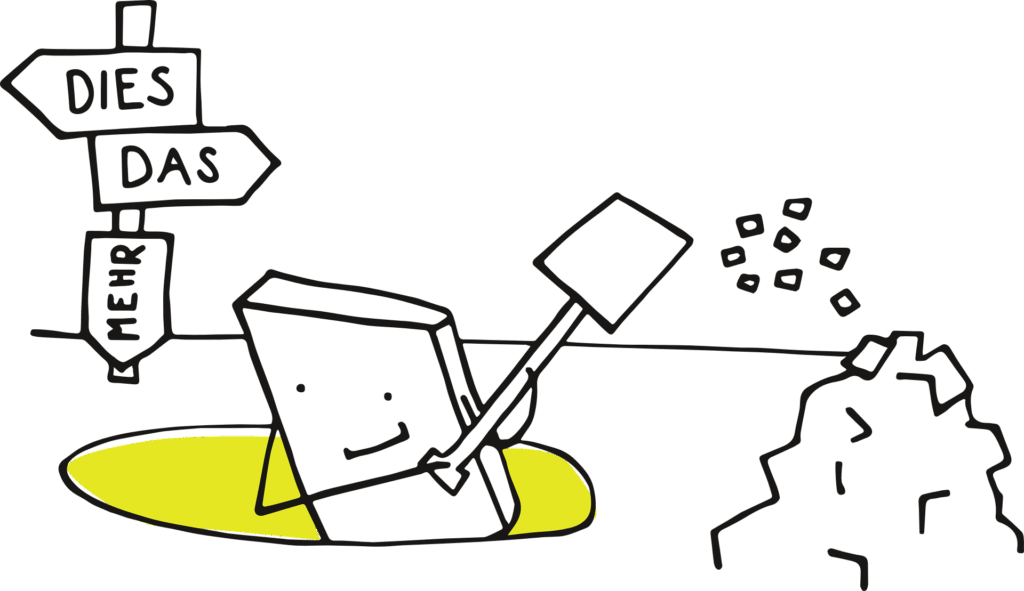 Ein Männchen gräbt ein Loch. Daneben steht ein HInweisschild mit drei Pfeilen. Auf dem Pfeil nach rechts steht "Das", auf dem Pfeil nach links steht "Dies" und ein Pfeil zeigt nach unten "Mehr".